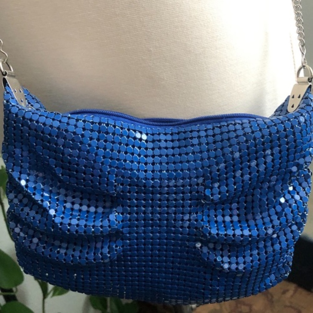 Blue Mesh Crossbody Purse with Silver Chain Strap